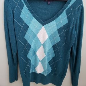 Gap Teal Argyle Sweater V Neck Medium